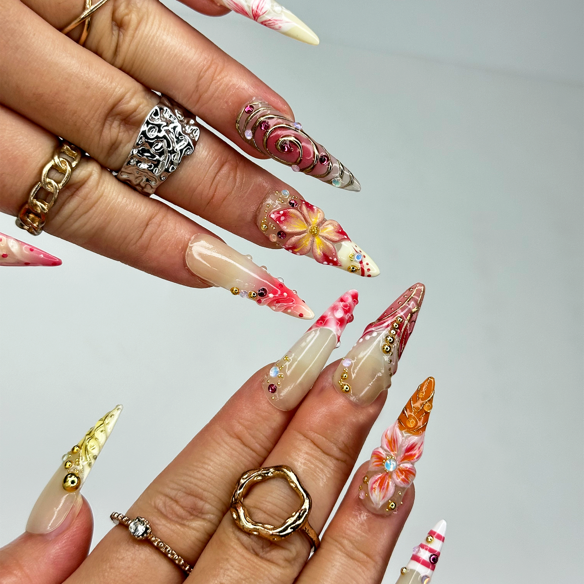 Summer 3D Press On Nails | Luxury Tropical Stiletto Nails | Premium Beach Vacation Birthday Nails Gift | OB397LK