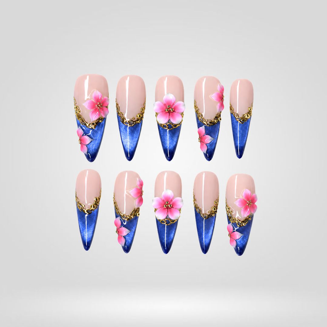 Sapphire Bloom 3D Floral Press-On Nails - Aninail