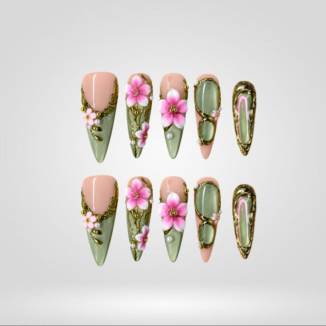 Emerald Garden 3D Floral Press-On Nails - Aninail