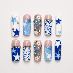 Y2k Square Press on Nails With Concert | Blue Graphic Nail Set | Rhinestone Floral Nails | Korean Aesthetic Handmade Nails | OC462JG