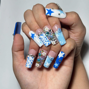 Y2k Square Press on Nails With Concert | Blue Graphic Nail Set | Rhinestone Floral Nails | Korean Aesthetic Handmade Nails | OC462JG