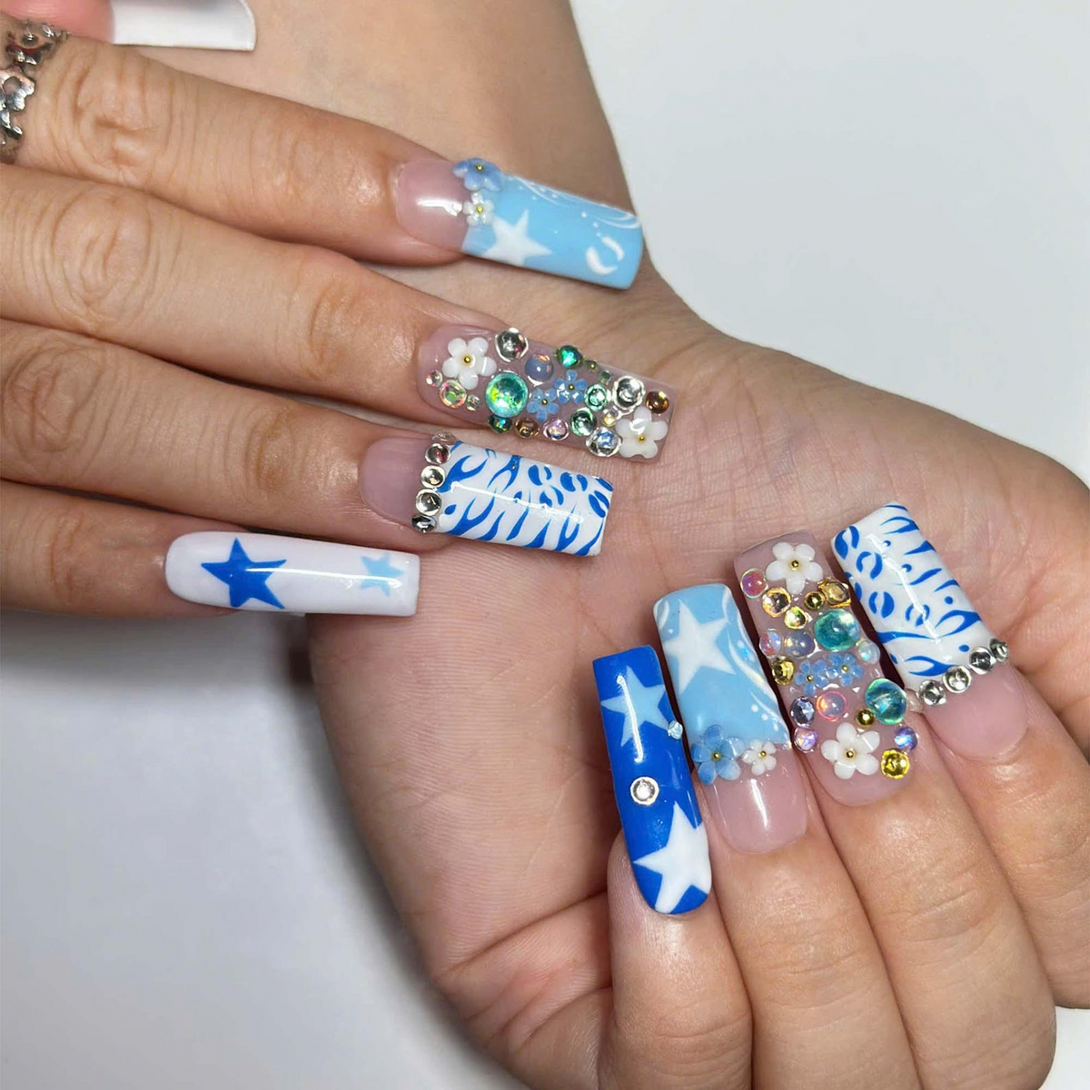 Y2k Square Press on Nails With Concert | Blue Graphic Nail Set | Rhinestone Floral Nails | Korean Aesthetic Handmade Nails | OC462JG