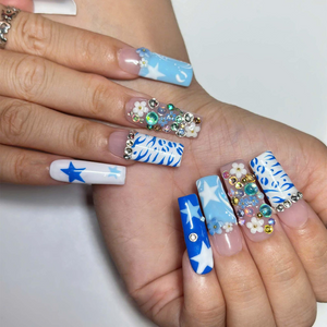 Y2k Square Press on Nails With Concert | Blue Graphic Nail Set | Rhinestone Floral Nails | Korean Aesthetic Handmade Nails | OC462JG