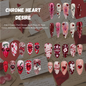Combo Chrome Heart Desire Press On Nails 3D Pink Chrome Heart Nail Art Handmade Valentine Nail Set OB18L