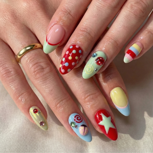 Press On Nails Adhesive Tabs with Colorful Pastel Dot & Star Art Design, Handmade Long Playful Fake Nails for Dopamine Aesthetic or Kawaii Statement Look | OB03LN