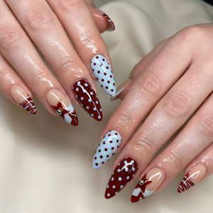Nail Tabs for Press On Nails – Nude Brown Blue Polka Dot French Tip Cute Nails | OB01L