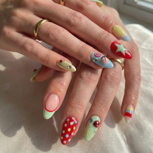 Press On Nails Adhesive Tabs with Colorful Pastel Dot & Star Art Design, Handmade Long Playful Fake Nails for Dopamine Aesthetic or Kawaii Statement Look | OB03LN
