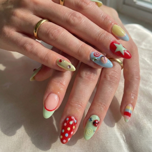 Press On Nails Adhesive Tabs with Colorful Pastel Dot & Star Art Design, Handmade Long Playful Fake Nails for Dopamine Aesthetic or Kawaii Statement Look | OB03LN