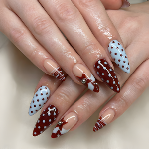 Nail Tabs for Press On Nails – Nude Brown Blue Polka Dot French Tip Cute Nails | OB01L