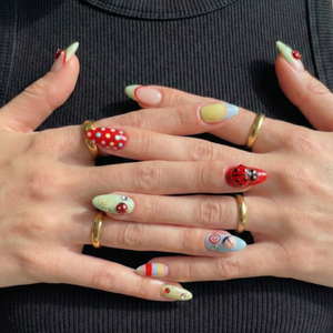Press On Nails Adhesive Tabs with Colorful Pastel Dot & Star Art Design, Handmade Long Playful Fake Nails for Dopamine Aesthetic or Kawaii Statement Look | OB03LN