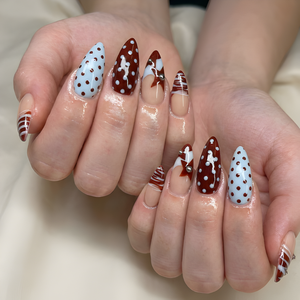 Nail Tabs for Press On Nails – Nude Brown Blue Polka Dot French Tip Cute Nails | OB01L