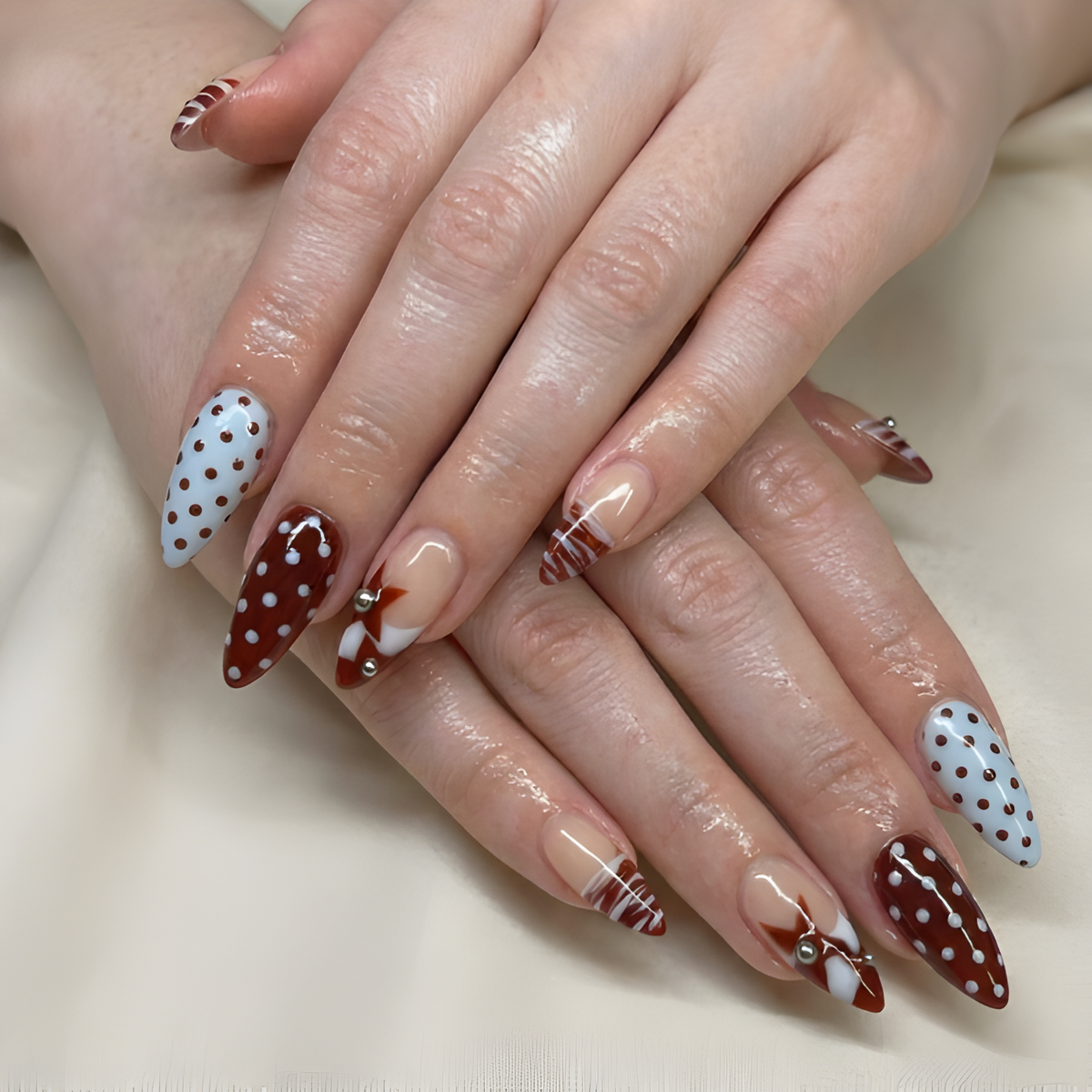 Nail Tabs for Press On Nails – Nude Brown Blue Polka Dot French Tip Cute Nails | OB01L