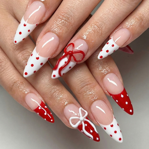 Press On Nails Adhesive Tabs with Red & White Polka Dot French Tip and 3D Bow Design, Handmade Long Stiletto Fake Nails for Valentine Look or Coquette Aesthetic Nails | OB7L
