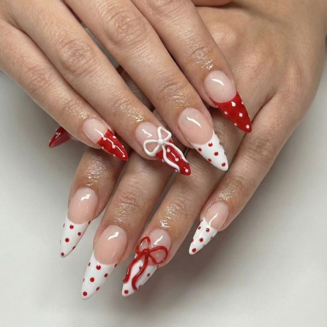 Press On Nails Adhesive Tabs with Red & White Polka Dot French Tip and 3D Bow Design, Handmade Long Stiletto Fake Nails for Valentine Look or Coquette Aesthetic Nails | OB7L