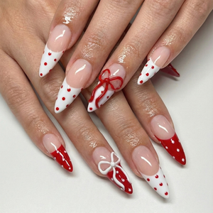 Press On Nails Adhesive Tabs with Red & White Polka Dot French Tip and 3D Bow Design, Handmade Long Stiletto Fake Nails for Valentine Look or Coquette Aesthetic Nails | OB7L