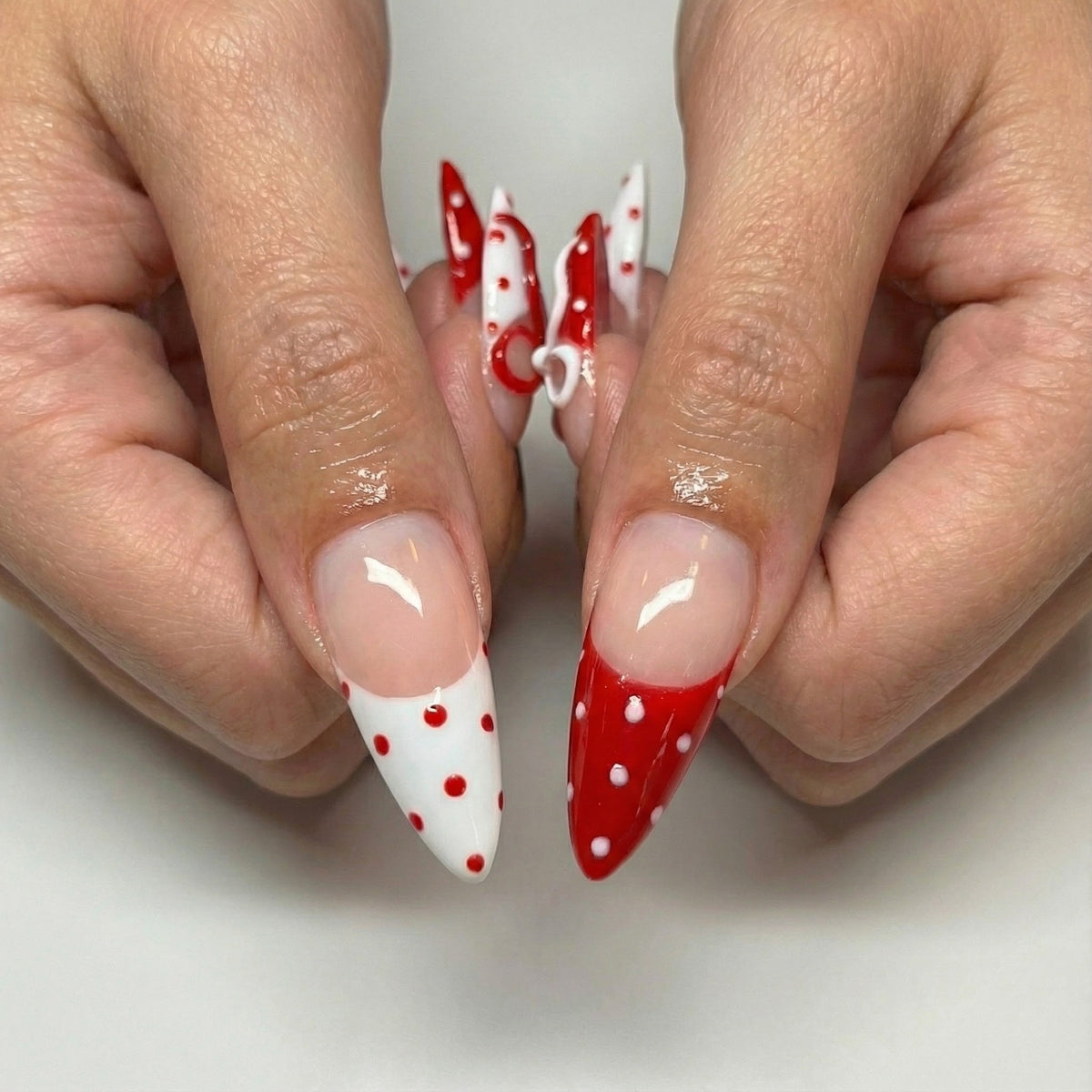 Press On Nails Adhesive Tabs with Red & White Polka Dot French Tip and 3D Bow Design, Handmade Long Stiletto Fake Nails for Valentine Look or Coquette Aesthetic Nails | OB7L