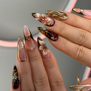 Gold Wave Floral Press On Nails | Elegant Wedding Press-On Nail Set | Luxurious Gold Bloom Design | OB91