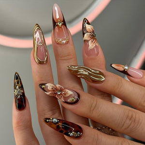 Gold Wave Floral Press On Nails | Elegant Wedding Press-On Nail Set | Luxurious Gold Bloom Design | OB91