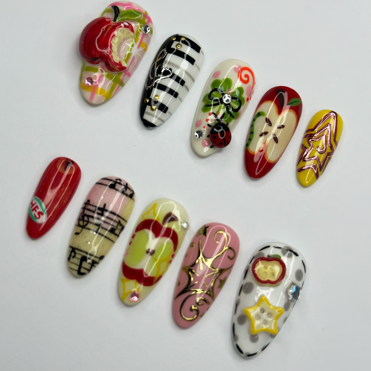 Kawaii Apple Press On Nails | Music Note Nails, Ladybug Clover Nails, Cute Storybook Nail Set, Handmade Gift for Women OB441L