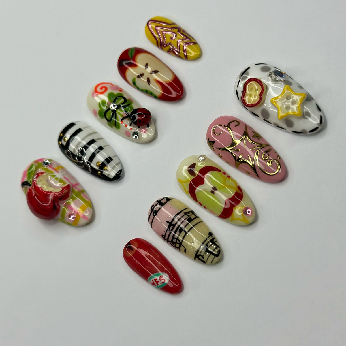 Kawaii Apple Press On Nails | Music Note Nails, Ladybug Clover Nails, Cute Storybook Nail Set, Handmade Gift for Women OB441L