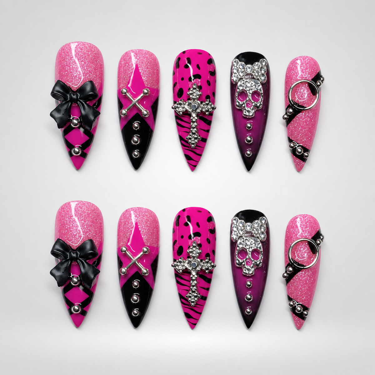 Pink Noir Charm Gothic Bow Press-On Nails - Aninail