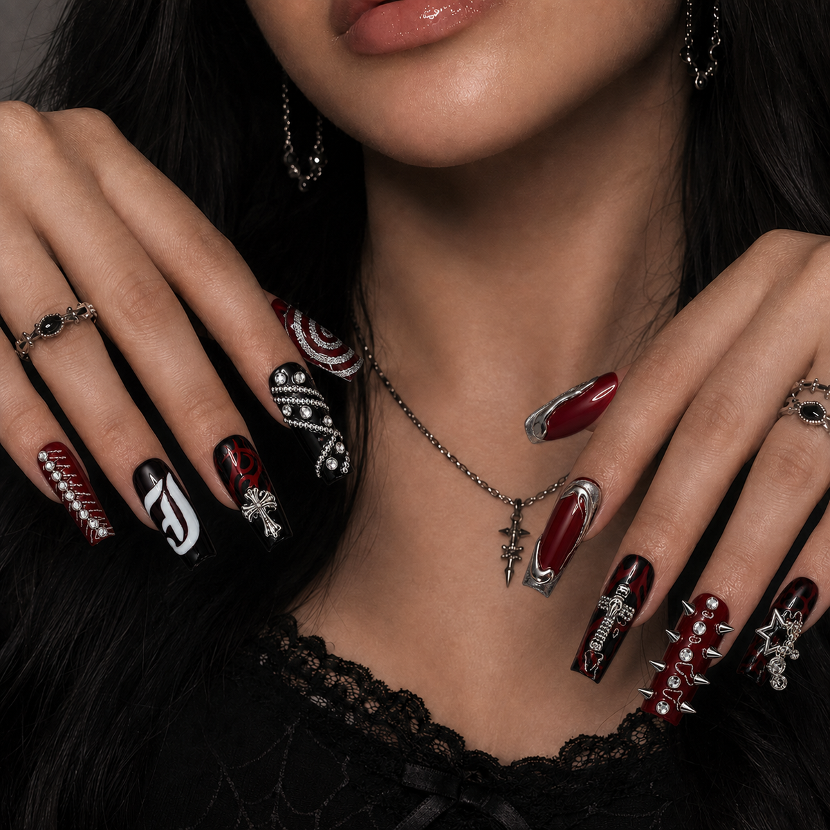 Crimson Riot Mixed Gothic Press-On Nails - Aninail