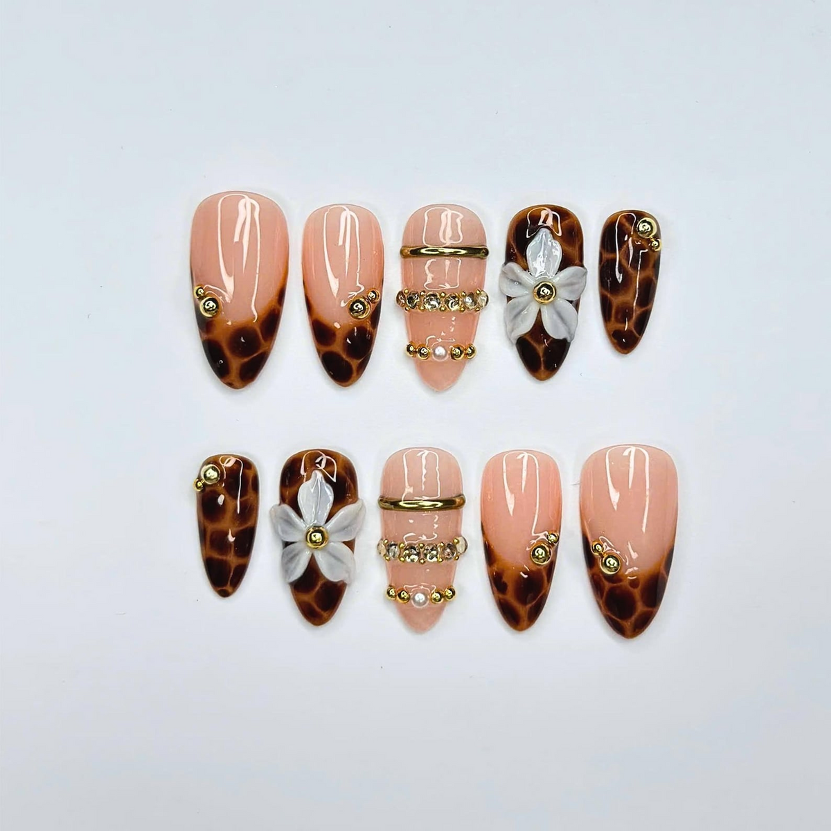 Leopard Print Press On Nails, Mocha Nude Luxury Nails, 3D Flower Gold Nails, Quiet Luxury Handmade Press On Set, OB445U