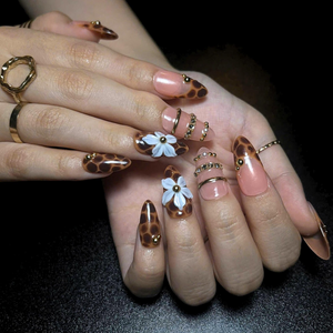 Leopard Print Press On Nails, Mocha Nude Luxury Nails, 3D Flower Gold Nails, Quiet Luxury Handmade Press On Set, OB445U