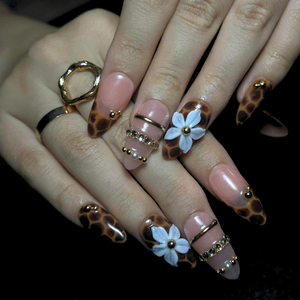 Leopard Print Press On Nails, Mocha Nude Luxury Nails, 3D Flower Gold Nails, Quiet Luxury Handmade Press On Set, OB445U