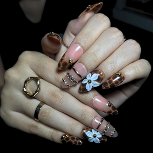 Leopard Print Press On Nails, Mocha Nude Luxury Nails, 3D Flower Gold Nails, Quiet Luxury Handmade Press On Set, OB445U