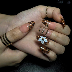 Leopard Print Press On Nails, Mocha Nude Luxury Nails, 3D Flower Gold Nails, Quiet Luxury Handmade Press On Set, OB445U