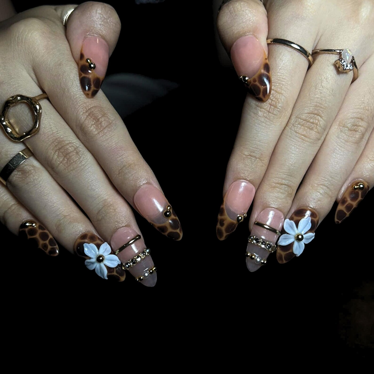 Leopard Print Press On Nails, Mocha Nude Luxury Nails, 3D Flower Gold Nails, Quiet Luxury Handmade Press On Set, OB445U