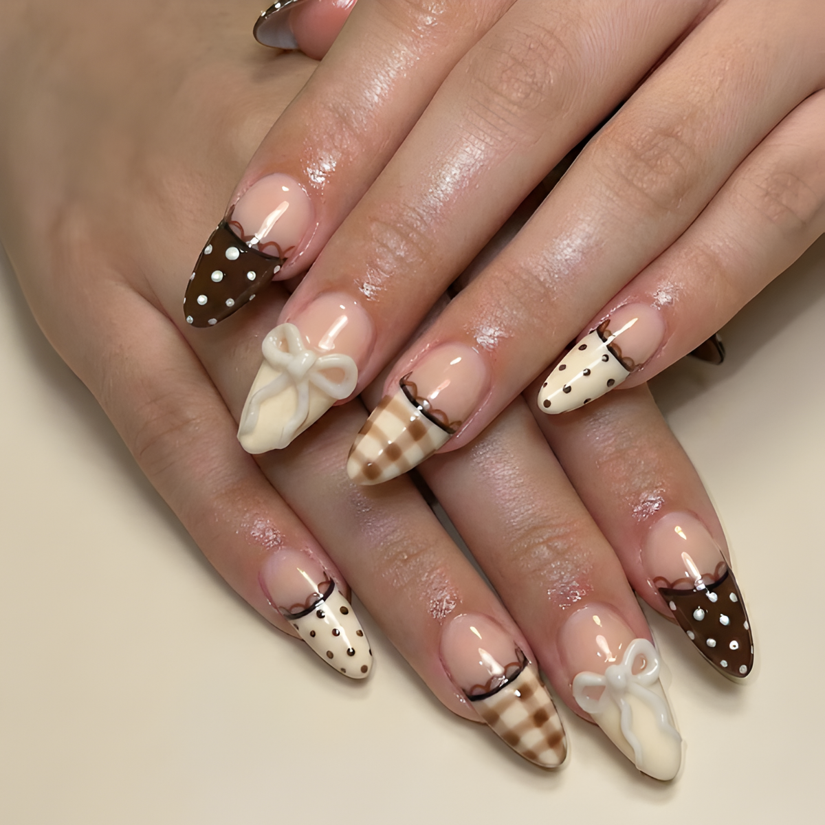 Nail Tabs for Press On Nails – Nude Brown Polka Dot Gingham & 3D Bow Long Almond Handmade Cute Coquette Fake Nails | OB04L