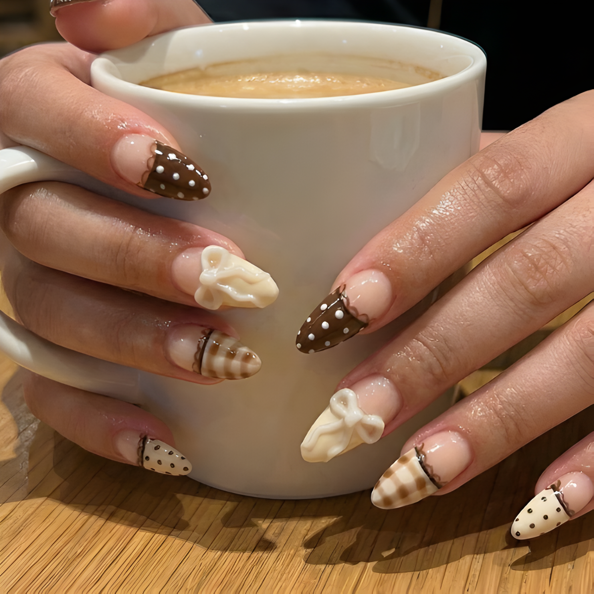 Nail Tabs for Press On Nails – Nude Brown Polka Dot Gingham & 3D Bow Long Almond Handmade Cute Coquette Fake Nails | OB04L