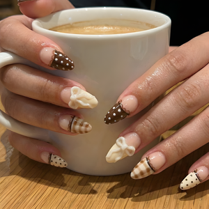 Nail Tabs for Press On Nails – Nude Brown Polka Dot Gingham & 3D Bow Long Almond Handmade Cute Coquette Fake Nails | OB04L