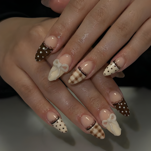 Nail Tabs for Press On Nails – Nude Brown Polka Dot Gingham & 3D Bow Long Almond Handmade Cute Coquette Fake Nails | OB04L