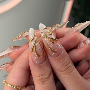 Beach Vacation Press On Nails – Luxury Gold Pearl Seashell Stiletto Fake Nails | OB123LC