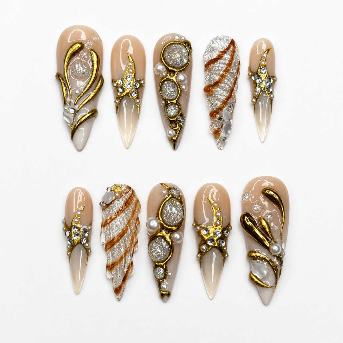 Beach Vacation Press On Nails – Luxury Gold Pearl Seashell Stiletto Fake Nails | OB123LC