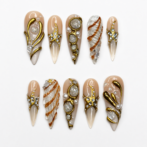 Beach Vacation Press On Nails – Luxury Gold Pearl Seashell Stiletto Fake Nails | OB123LC