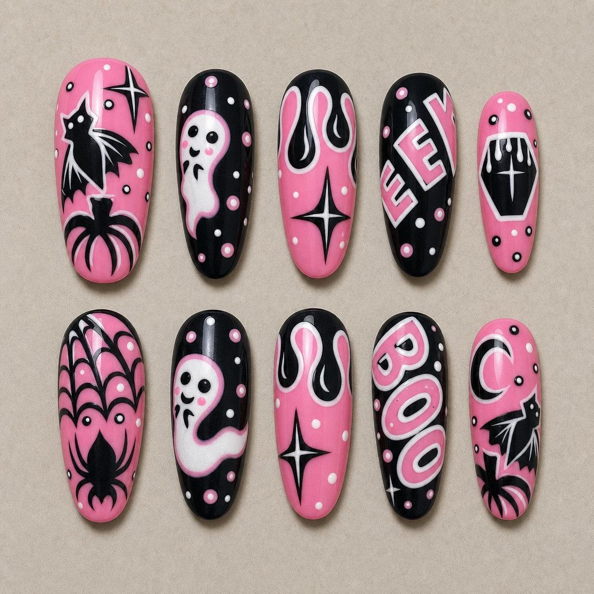 Bubblegum Boo Pink & Black Retro Press-On Nails - Aninail