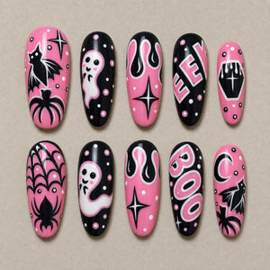 Bubblegum Boo Pink & Black Retro Press-On Nails - Aninail