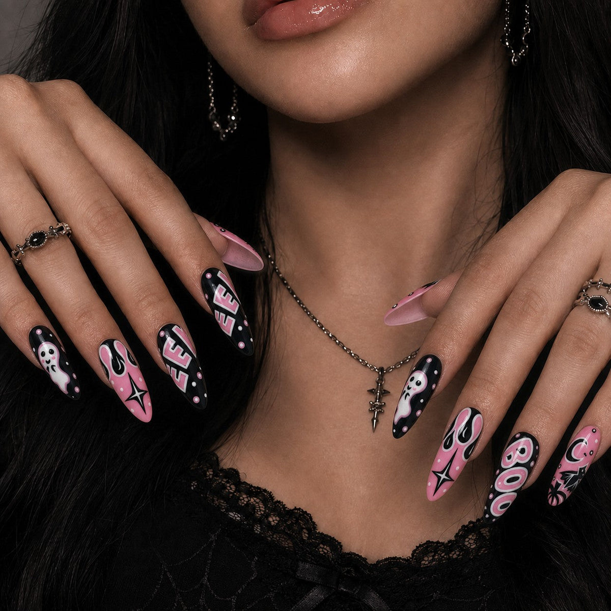 Bubblegum Boo Pink & Black Retro Press-On Nails - Aninail