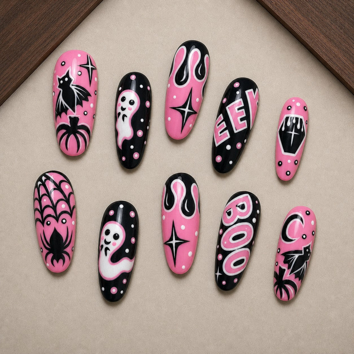 Bubblegum Boo Pink & Black Retro Press-On Nails - Aninail