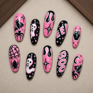 Bubblegum Boo Pink & Black Retro Press-On Nails - Aninail