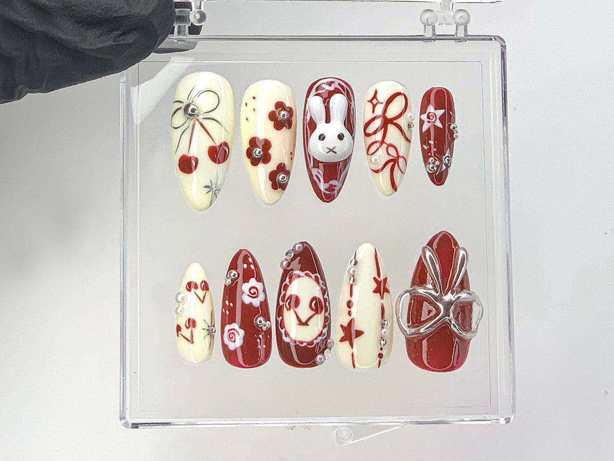 Adorable 3D Bunny Press On Nails | Hand-Painted Kawaii Bunny And Bow Acrylic Nails | Cherry Blossom Nail Art | Cute Kawaii Nails | OC537Y