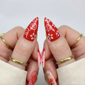 Press On Nails Adhesive Tabs with Red Cherry & Heart Swirl Art Design, Handmade Long Stiletto Fake Nails for Valentine Aesthetic or Romantic Statement Look | OB02LN