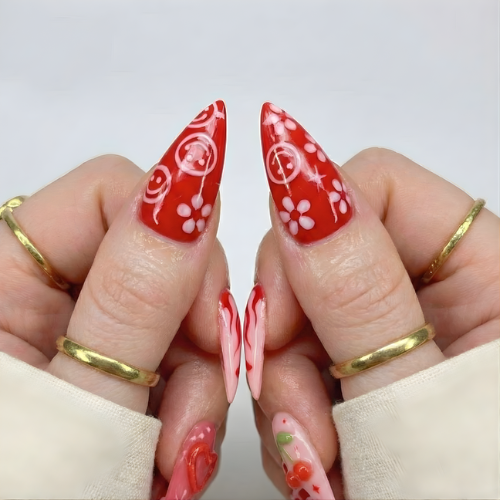 Press On Nails Adhesive Tabs with Red Cherry & Heart Swirl Art Design, Handmade Long Stiletto Fake Nails for Valentine Aesthetic or Romantic Statement Look | OB02LN