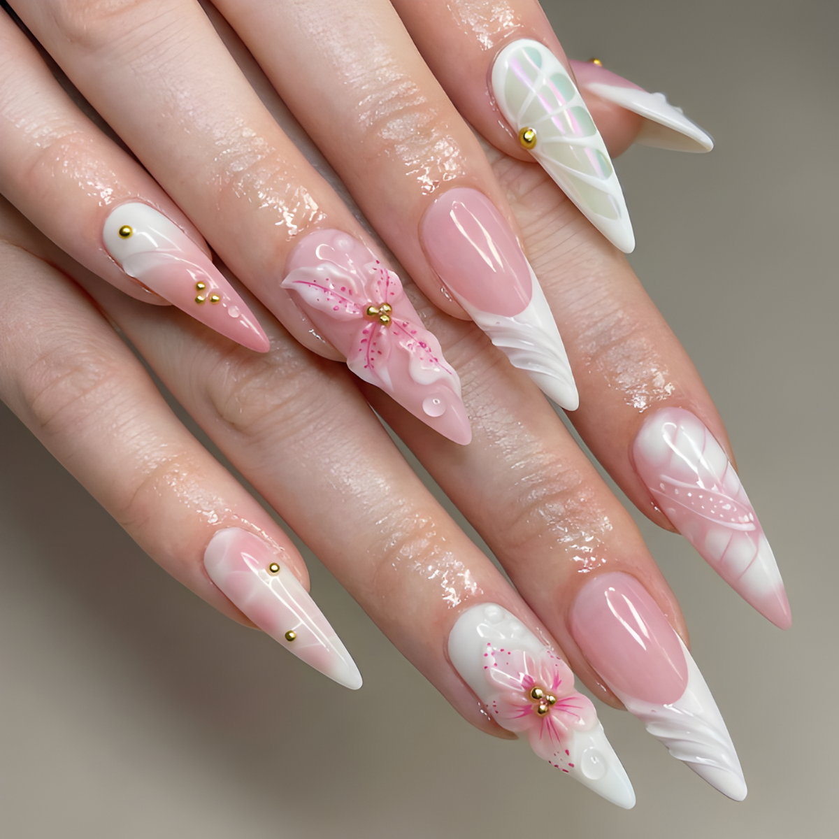 Nail Tabs for Press On Nails – Pink White Floral 3D Flower Long Stiletto Press On Nails | OB05L