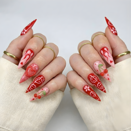 Press On Nails Adhesive Tabs with Red Cherry & Heart Swirl Art Design, Handmade Long Stiletto Fake Nails for Valentine Aesthetic or Romantic Statement Look | OB02LN