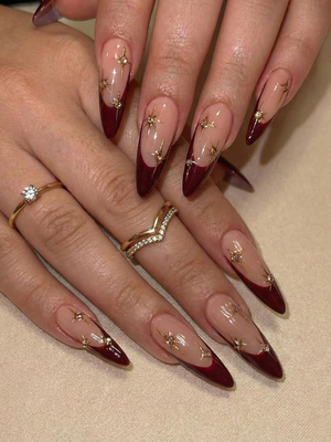 Nail Tabs for Press On Nails – Burgundy Star French Press On Nails for Luxury Women | OB10E